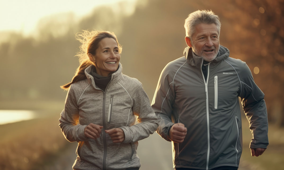 Par løber i en skov.