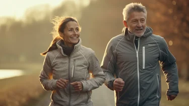 Par løber i en skov.