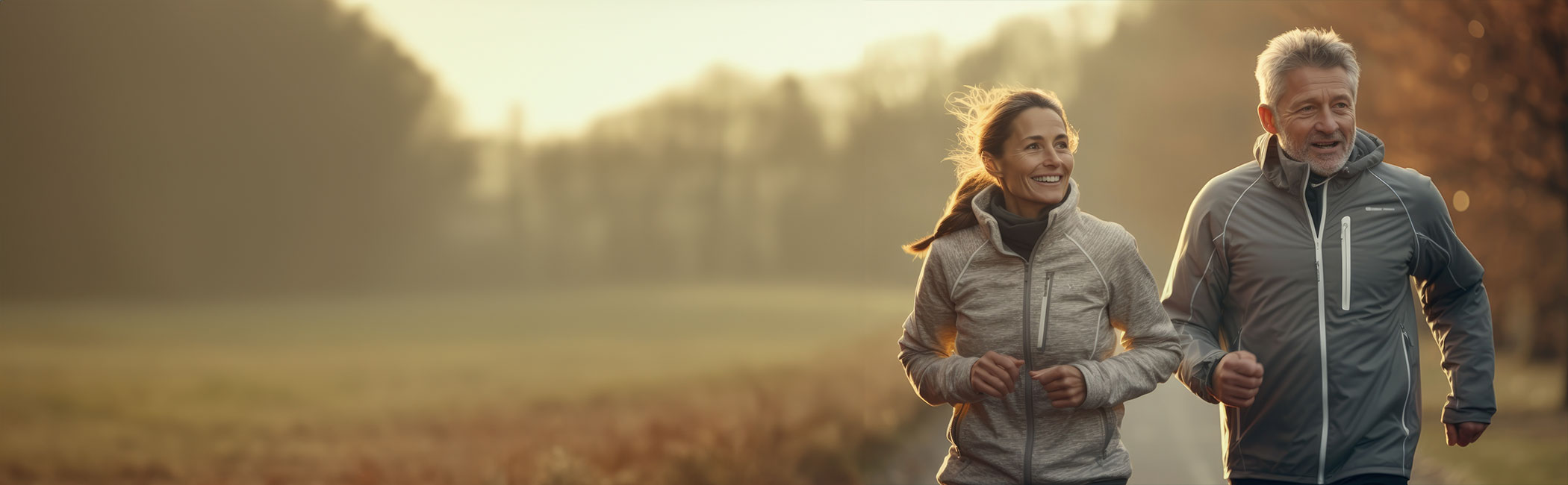 Par løber i en skov.