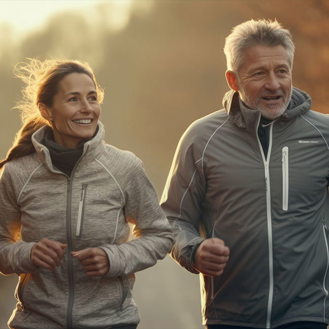 Par løber i en skov.