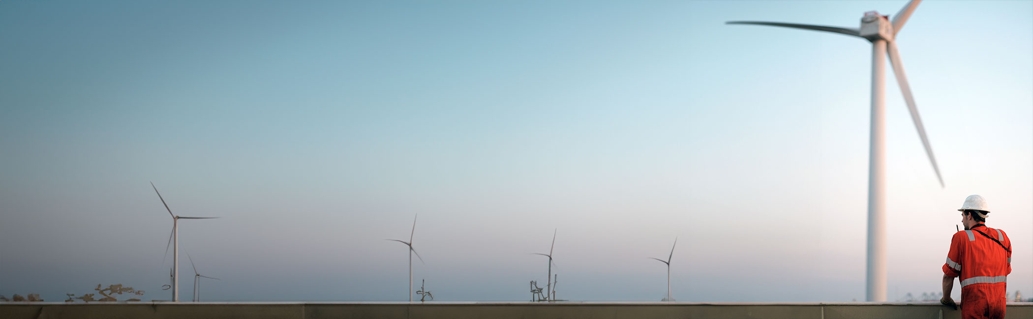 Mand står og kigger ud på vindmøller.