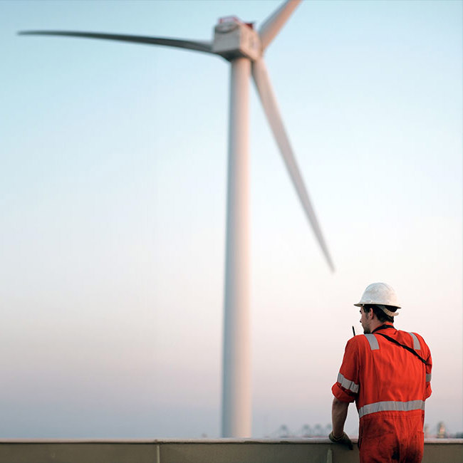 Mand står og kigger ud på vindmøller.