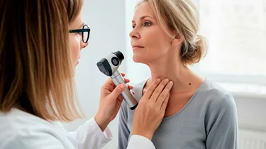 Hudlæge screener for modermærkekræft på halsen af en kvinde.