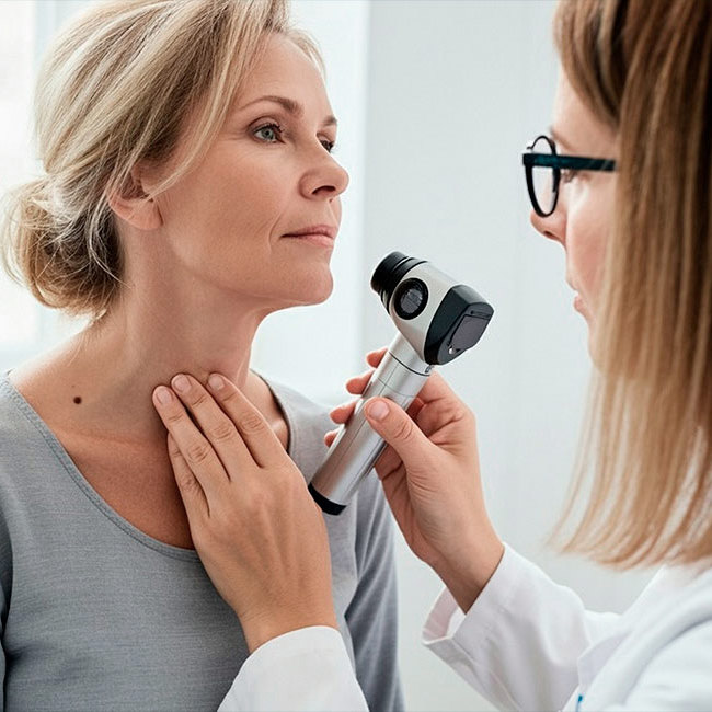Hudlæge screener for modermærkekræft på halsen af en kvinde.