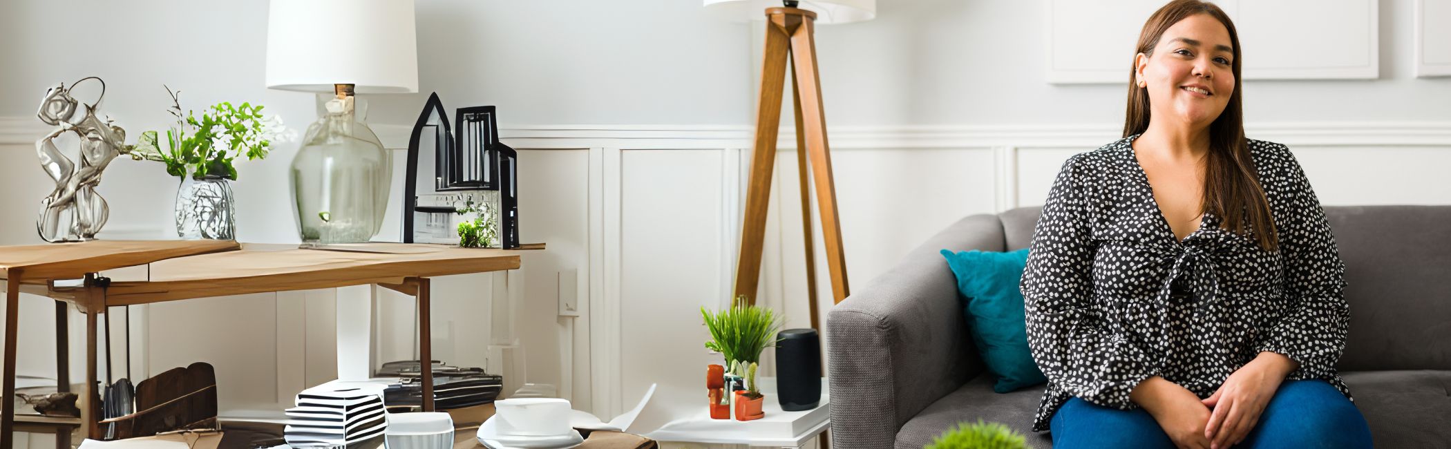 En kvinde sidder og smiler i en sofa.