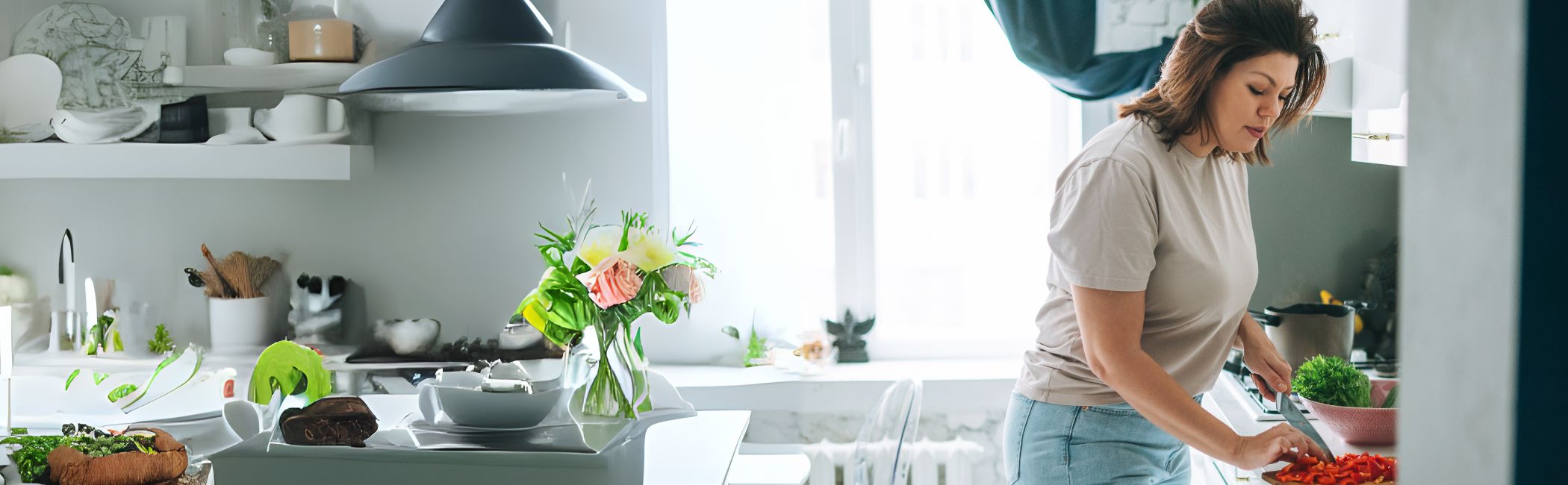 Kvinde laver mad i sit køkken efter råd fra diætist.