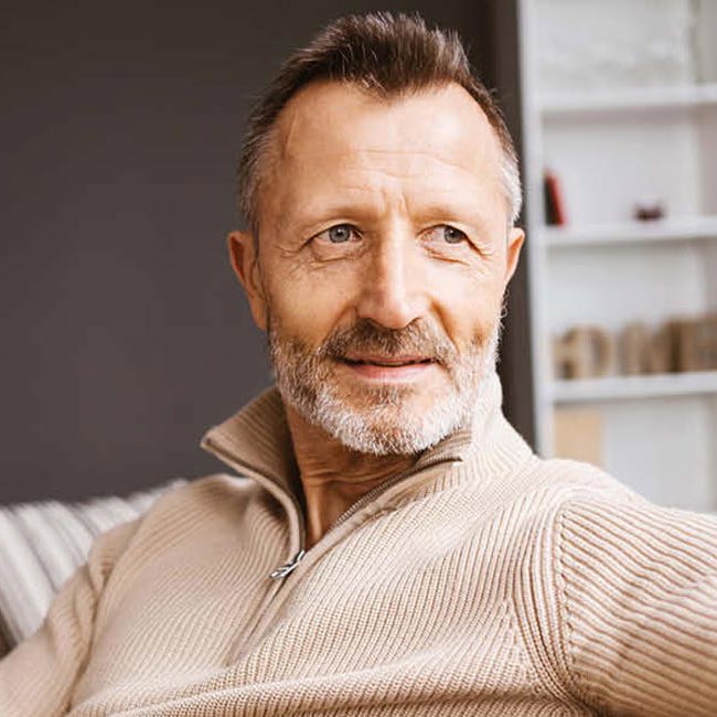Smilende midaldrende mand sidder i sofa og kigger mod sin venstre side.