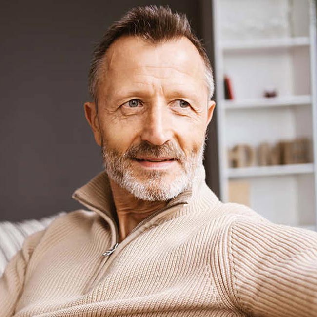 Smilende midaldrende mand sidder i sofa og kigger mod sin venstre side.