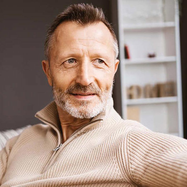 Smilende midaldrende mand sidder i sofa og kigger mod sin venstre side.